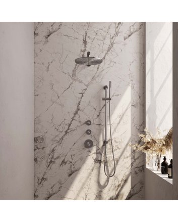 BRAUER Brushed Carving thermostatische inbouw regendouche SET 14 met 30 cm douchekop en rechte muurarm en staaf handdouche en doucheslang en geïntegreerde glijstang RVS geborsteld PVD