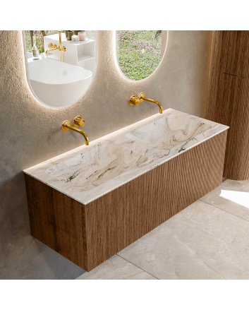 Mondiaz Kurve-Dlux 120cm badmeubel kleur Walnut met 1 lade en 0 deuren. Wastafel Leaf Dubbel zonder kraangat Glace.