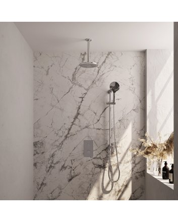 BRAUER Chrome Carving thermostatische inbouw regendouche 3-weg omstelling SET 47 met 20 cm douchekop en plafondarm en 3-standen handdouche en doucheslang en geïntegreerde glijstang chroom
