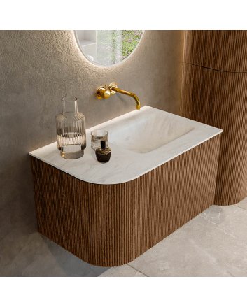 Mondiaz Kurve-Dlux 75cm badmeubel ronding Links kleur Walnut met 1 lade en 1 deur. Wastafel Grunne Rechts zonder kraangat Opalo.