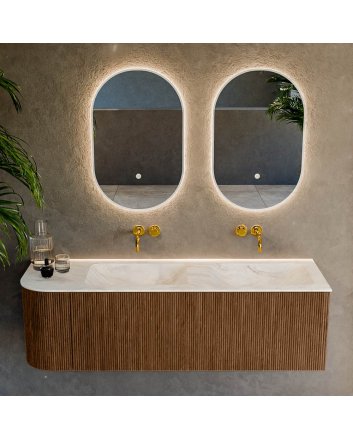 Mondiaz Kurve-Dlux 145cm badmeubel ronding Links kleur Walnut met 1 lade en 1 deur. Wastafel Leaf Dubbel / Rechts zonder kraangat Ostra.