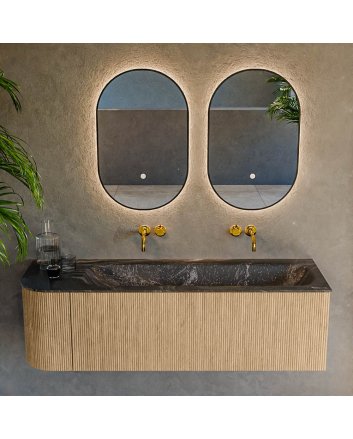 Mondiaz Kurve-Dlux 145cm badmeubel ronding Links kleur Oak met 1 lade en 1 deur. Wastafel Big large Rechts zonder kraangat Lava.