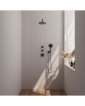 BRAUER Black Carving thermostatische inbouw regendouche SET 09 met 20 cm douchekop en gebogen muurarm en 3-standen handdouche en doucheslang en wandaansluitbocht mat zwart