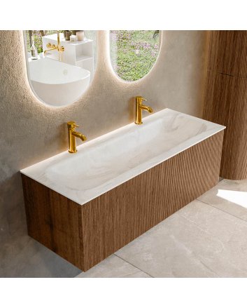 Mondiaz Kurve-Dlux 120cm badmeubel kleur Walnut met 1 lade en 0 deuren. Wastafel Big large Midden 2 kraangaten Ostra.