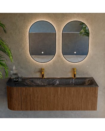 Mondiaz Kurve-Dlux 145cm badmeubel ronding Links kleur Walnut met 1 lade en 1 deur. Wastafel Big large Rechts 2 kraangaten Lava.
