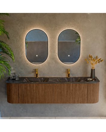 Mondiaz Kurve-Dlux 180cm badmeubel ronding Links + Rechts kleur Walnut met 2 lades en 2 deuren. Wastafel Leaf Dubbel 2 kraangaten Lava.