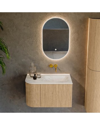 Mondiaz Kurve-Dlux 75cm badmeubel ronding Links kleur Oak met 1 lade en 1 deur. Wastafel Grunne Rechts zonder kraangat Ostra.