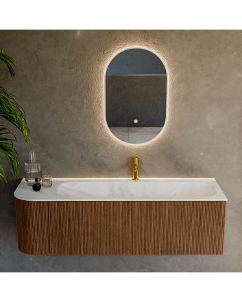 Mondiaz Kurve-Dlux 145cm badmeubel ronding Links kleur Walnut met 1 lade en 1 deur. Wastafel Big large Rechts 1 kraangat Opalo.