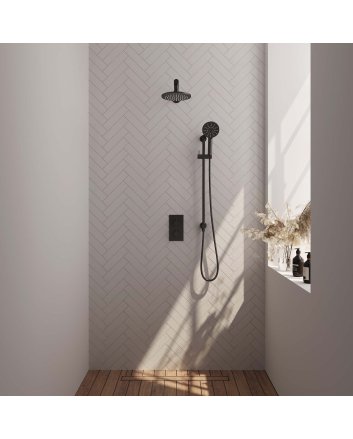 BRAUER Black Carving thermostatische inbouw regendouche 3-weg omstelling SET 43 met 20 cm douchekop en rechte muurarm en 3-standen handdouche en doucheslang en geïntegreerde glijstang mat zwart