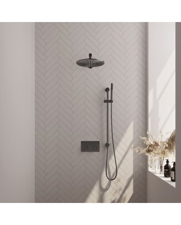 BRAUER Gunmetal Edition thermostatische inbouw regendouche met drukknoppen SET 62 met 30 cm douchekop en rechte muurarm en staaf handdouche en doucheslang en geïntegreerde glijstang gunmetal geborsteld PVD