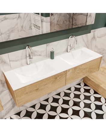 Mondiaz Lush 150 badmeubel washed oak 2 lades wastafel dubbel 2 kraangaten