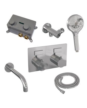 BRAUER Chrome Carving thermostatische inbouw badkraan met drukknoppen SET 04 met uitloop en 3-standen handdouche en doucheslang en wandaansluitbocht chroom