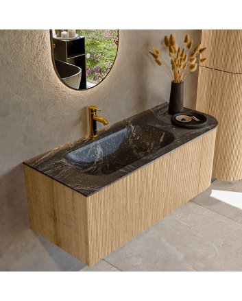 Mondiaz Kurve-Dlux 115cm badmeubel ronding Rechts kleur Oak met 1 lade en 1 deur. Wastafel Big small Links 1 kraangat Lava.