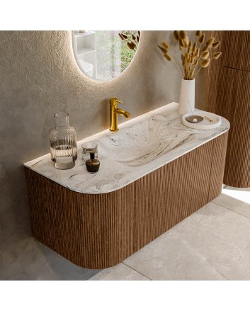 Mondiaz Kurve-Dlux 110cm badmeubel ronding Links + Rechts kleur Walnut met 1 lade en 2 deuren. Wastafel Cloud Midden 1 kraangat Glace.