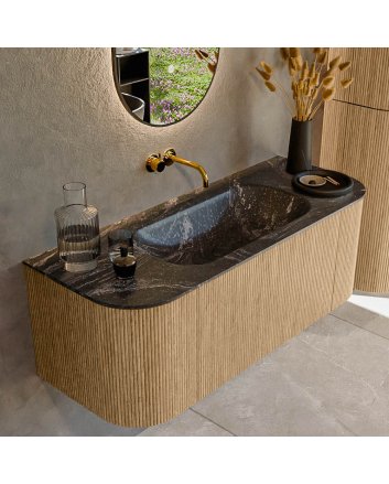 Mondiaz Kurve-Dlux 120cm badmeubel ronding Links + Rechts kleur Oak met 1 lade en 2 deuren. Wastafel Big small Midden zonder kraangat Lava.