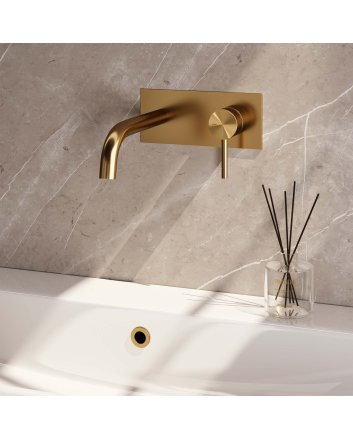 BRAUER Gold Edition inbouw wastafelmengkraan met gebogen uitloop en afdekplaat model A1 goud geborsteld PVD