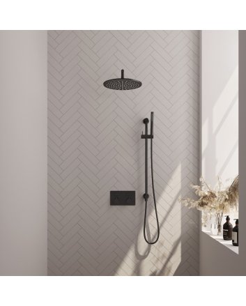 BRAUER Black Edition thermostatische inbouw regendouche met drukknoppen SET 64 met 30 cm douchekop en gebogen muurarm en staaf handdouche en doucheslang en geïntegreerde glijstang mat zwart