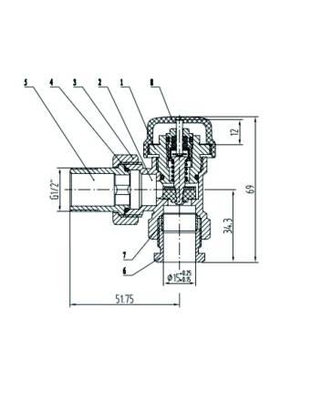 Thermostatisch ventiel zonder knop 1/2", haaks, inclusief adaptor