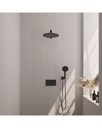 BRAUER Black Carving thermostatische inbouw regendouche met drukknoppen SET 56 met 30 cm douchekop en rechte muurarm en 3-standen handdouche en doucheslang en wandaansluitbocht mat zwart