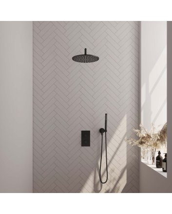BRAUER Black Carving thermostatische inbouw regendouche 3-weg omstelling SET 28 met 30 cm douchekop en gebogen muurarm en staaf handdouche en doucheslang en wandaansluitbocht mat zwart