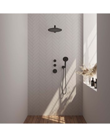 BRAUER Black Carving thermostatische inbouw regendouche SET 08 met 30 cm douchekop en rechte muurarm en 3-standen handdouche en doucheslang en wandaansluitbocht mat zwart