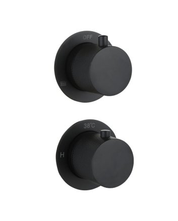 Sani DeLuxe Doucheset inbouw met box thermostaat, muurbevestiging / afwerkringen / douchekop 25 cm rond Mat Zwart met geribbeld knop