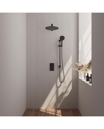 BRAUER Black Carving thermostatische inbouw regendouche 3-weg omstelling SET 44 met 30 cm douchekop en rechte muurarm en 3-standen handdouche en doucheslang en geïntegreerde glijstang mat zwart