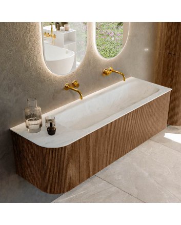 Mondiaz Kurve-Dlux 145cm badmeubel ronding Links kleur Walnut met 1 lade en 1 deur. Wastafel Big large Rechts zonder kraangat Opalo.