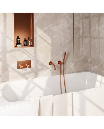BRAUER Copper Carving thermostatische inbouw badkraan met drukknoppen SET 03 met uitloop en staaf handdouche en doucheslang en wandaansluitbocht koper geborsteld PVD