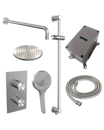 BRAUER Brushed Carving thermostatische inbouw regendouche 3-weg omstelling SET 45 met 20 cm douchekop en gebogen muurarm en 3-standen handdouche en doucheslang en geïntegreerde glijstang RVS geborsteld PVD