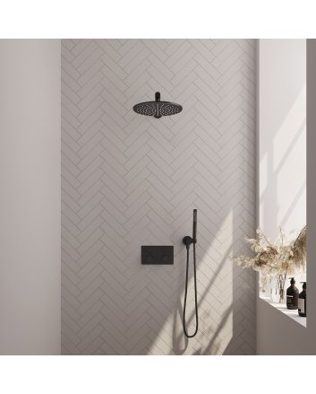 BRAUER Black Carving thermostatische inbouw regendouche met drukknoppen SET 50 met 30 cm douchekop en rechte muurarm en staaf handdouche en doucheslang en wandaansluitbocht mat zwart