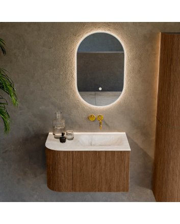 Mondiaz Kurve-Dlux 75cm badmeubel ronding Links kleur Walnut met 1 lade en 1 deur. Wastafel Grunne Rechts zonder kraangat Frappe.
