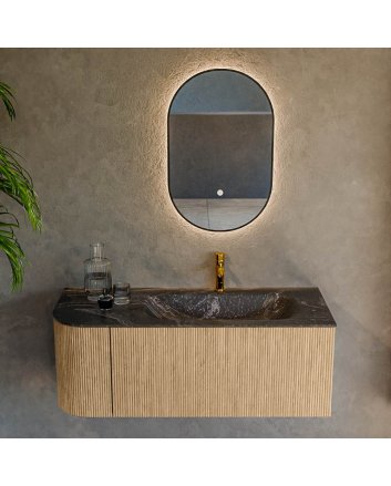 Mondiaz Kurve-Dlux 115cm badmeubel ronding Links kleur Oak met 1 lade en 1 deur. Wastafel Big small Rechts 1 kraangat Lava.
