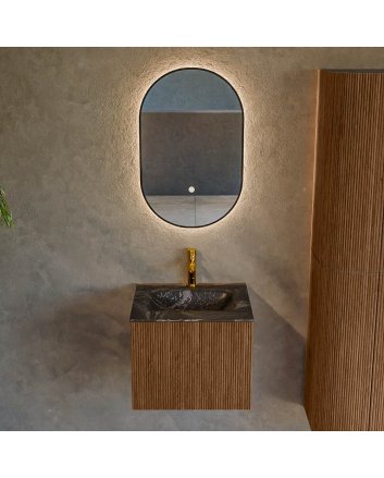 Mondiaz Kurve-Dlux 50cm badmeubel kleur Walnut met 1 lade en 0 deuren. Wastafel Grunne Midden 1 kraangat Lava.