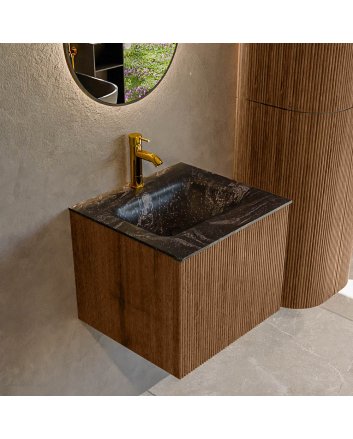 Mondiaz Kurve-Dlux 50cm badmeubel kleur Walnut met 1 lade en 0 deuren. Wastafel Grunne Midden 1 kraangat Lava.