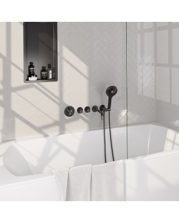 BRAUER Gunmetal Edition thermostatische inbouw badkraan SET 02 met uitloop en 3-standen handdouche en doucheslang en wandaansluitbocht gunmetal geborsteld PVD