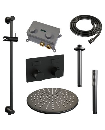 BRAUER Black Edition thermostatische inbouw regendouche met drukknoppen SET 66 met 30 cm douchekop en plafondarm en staaf handdouche en doucheslang en geïntegreerde glijstang mat zwart