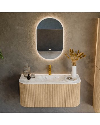 Mondiaz Kurve-Dlux 100cm badmeubel ronding Links + Rechts kleur Oak met 1 lade en 2 deuren. Wastafel Grunne Midden 1 kraangat Glace.