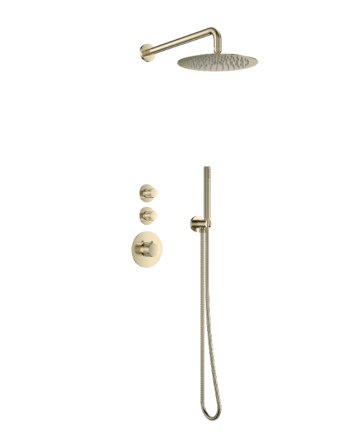Sani DeLuxe Doucheset inbouw deluxe met box thermostaat, muurbevestiging / douchekop 25 cm rond Goud Geborsteld met geribbeld knop
