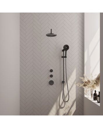 BRAUER Gunmetal Edition thermostatische inbouw regendouche SET 21 met 20 cm douchekop en gebogen muurarm en 3-standen handdouche en doucheslang en geïntegreerde glijstang gunmetal geborsteld PVD