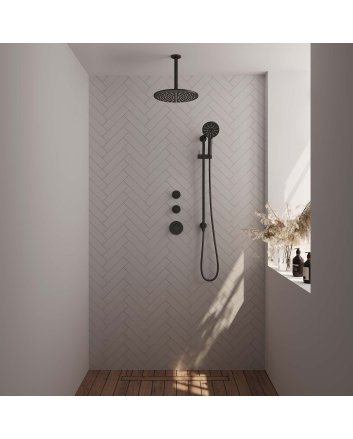 BRAUER Black Edition thermostatische inbouw regendouche SET 24 met 30 cm douchekop en plafondarm en 3-standen handdouche en doucheslang en geïntegreerde glijstang mat zwart