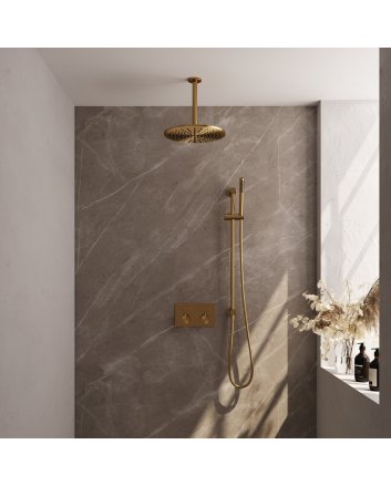 BRAUER Gold Edition thermostatische inbouw regendouche met drukknoppen SET 66 met 30 cm douchekop en plafondarm en staaf handdouche en doucheslang en geïntegreerde glijstang goud geborsteld PVD