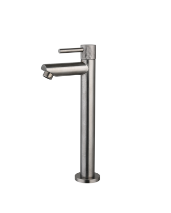 Sani DeLuxe Fonteinkraan opbouw hoog rond Gun Metal met geribbeld knop