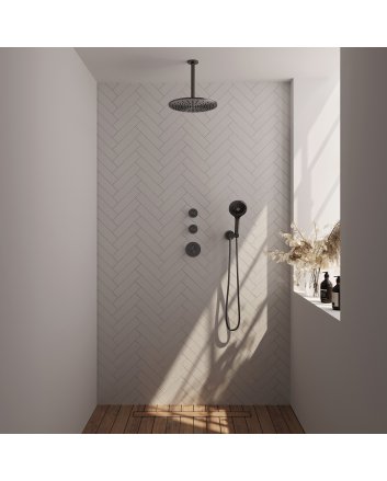 BRAUER Gunmetal Carving thermostatische inbouw regendouche SET 12 met 30 cm douchekop en plafondarm en 3-standen handdouche en doucheslang en wandaansluitbocht gunmetal geborsteld PVD