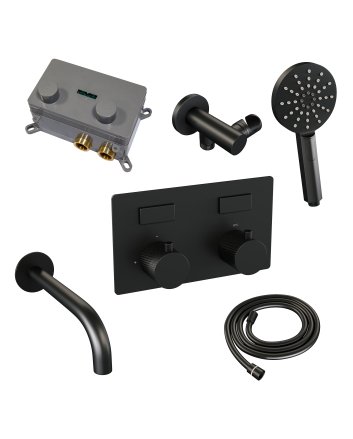 BRAUER Black Carving thermostatische inbouw badkraan met drukknoppen SET 04 met uitloop en 3-standen handdouche en doucheslang en wandaansluitbocht mat zwart