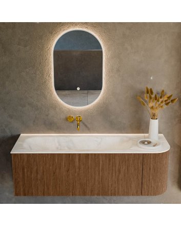 Mondiaz Kurve-Dlux 135cm badmeubel ronding Rechts kleur Walnut met 1 lade en 1 deur. Wastafel Big medium Links zonder kraangat Ostra.