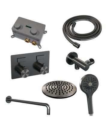 BRAUER Gunmetal Edition thermostatische inbouw regendouche met drukknoppen SET 57 met 20 cm douchekop en gebogen muurarm en 3-standen handdouche en doucheslang en wandaansluitbocht gunmetal geborsteld PVD