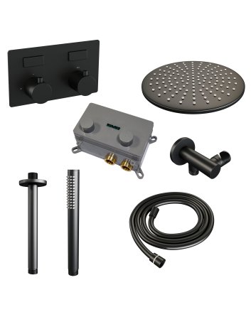 BRAUER Black Edition thermostatische inbouw regendouche met drukknoppen SET 54 met 30 cm douchekop en plafondarm en staaf handdouche en doucheslang en wandaansluitbocht mat zwart