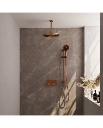 BRAUER Copper Carving thermostatische inbouw regendouche met drukknoppen SET 72 met 30 cm douchekop en plafondarm en 3-standen handdouche en doucheslang en geïntegreerde glijstang koper geborsteld PVD