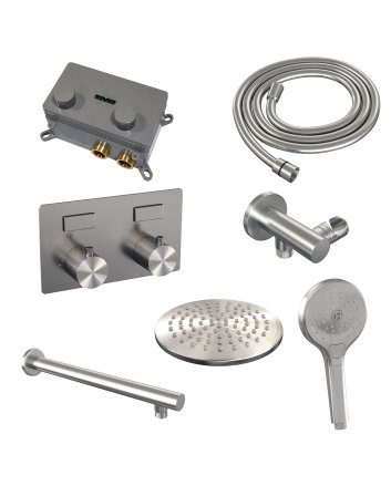 BRAUER Brushed Carving thermostatische inbouw regendouche met drukknoppen SET 55 met 20 cm douchekop en rechte muurarm en 3-standen handdouche en doucheslang en wandaansluitbocht RVS geborsteld PVD